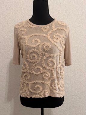 ZARA Beige Textured Appliqué Blouse | Short Sleeve Minimalist Chic Top